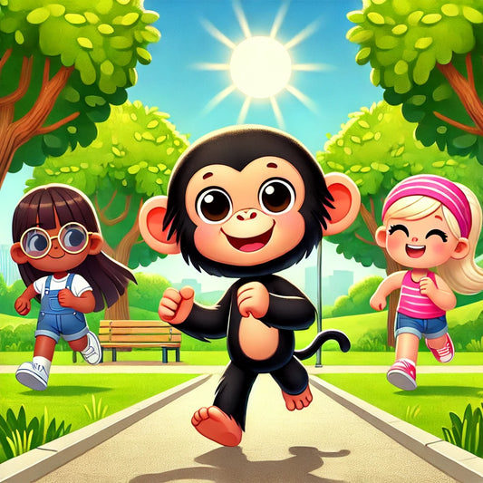 BANZ + Girls on the run, banzee mascot runs with two girls in a park on a sunny day