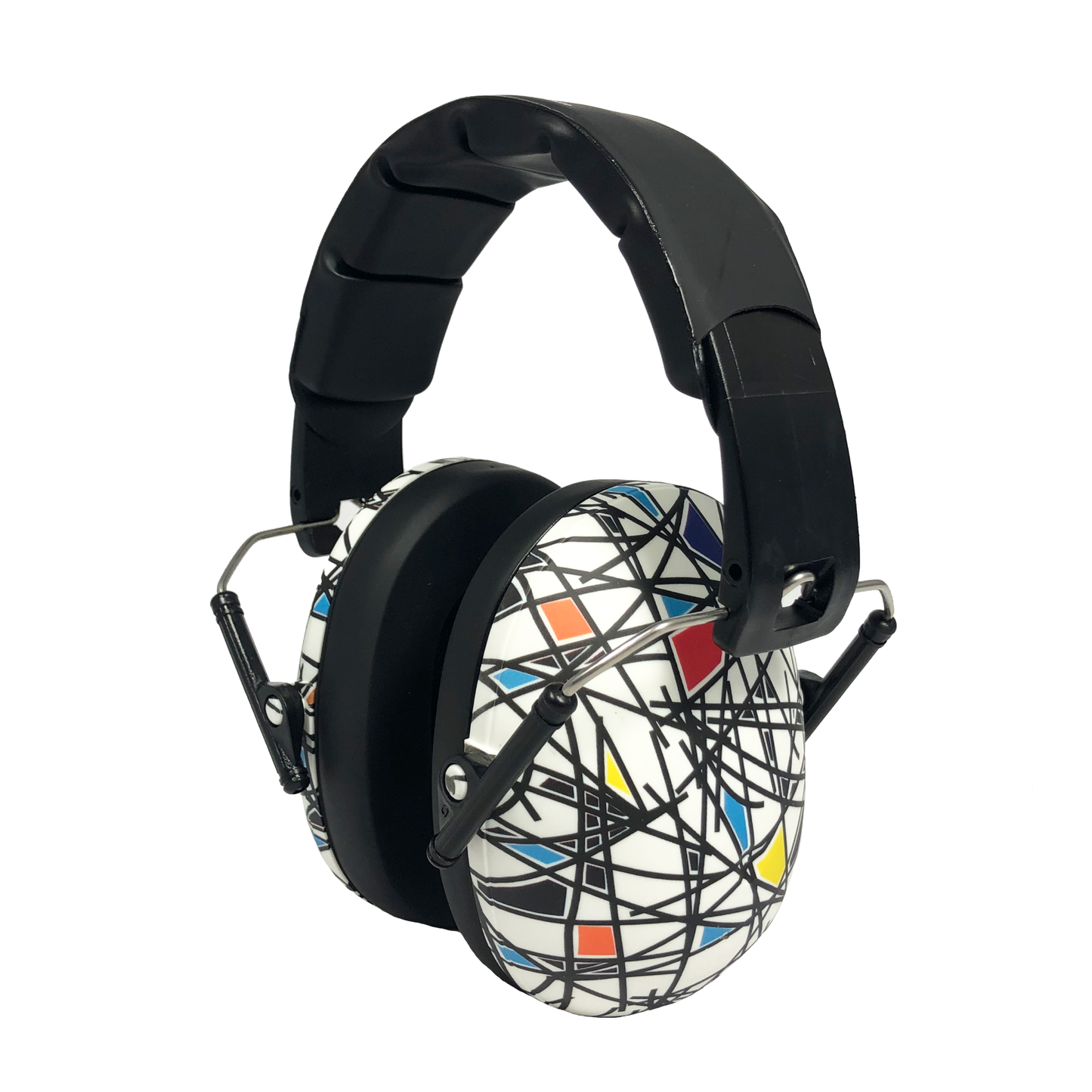 Black headphones with a colorful geometric design on a white background