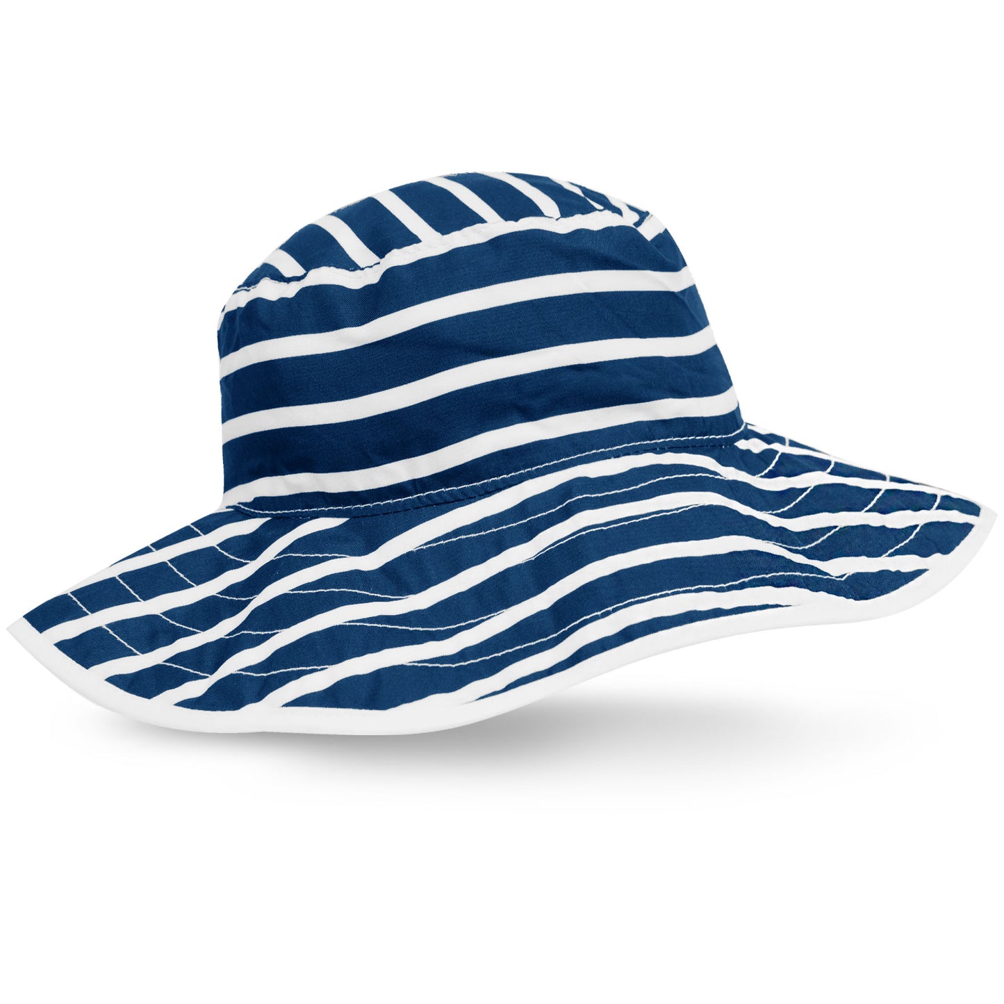 A reversible baby sun hat with blue and white stripes on one side and a solid white color on the other, featuring a hook and loop closure.