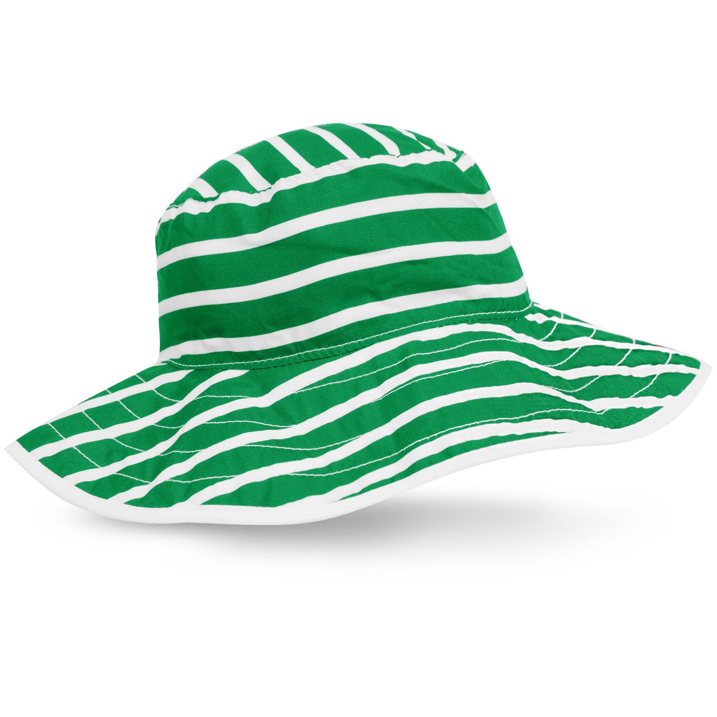 A reversible baby sun hat with blue and white stripes on one side and a solid white color on the other, featuring a hook and loop closure.