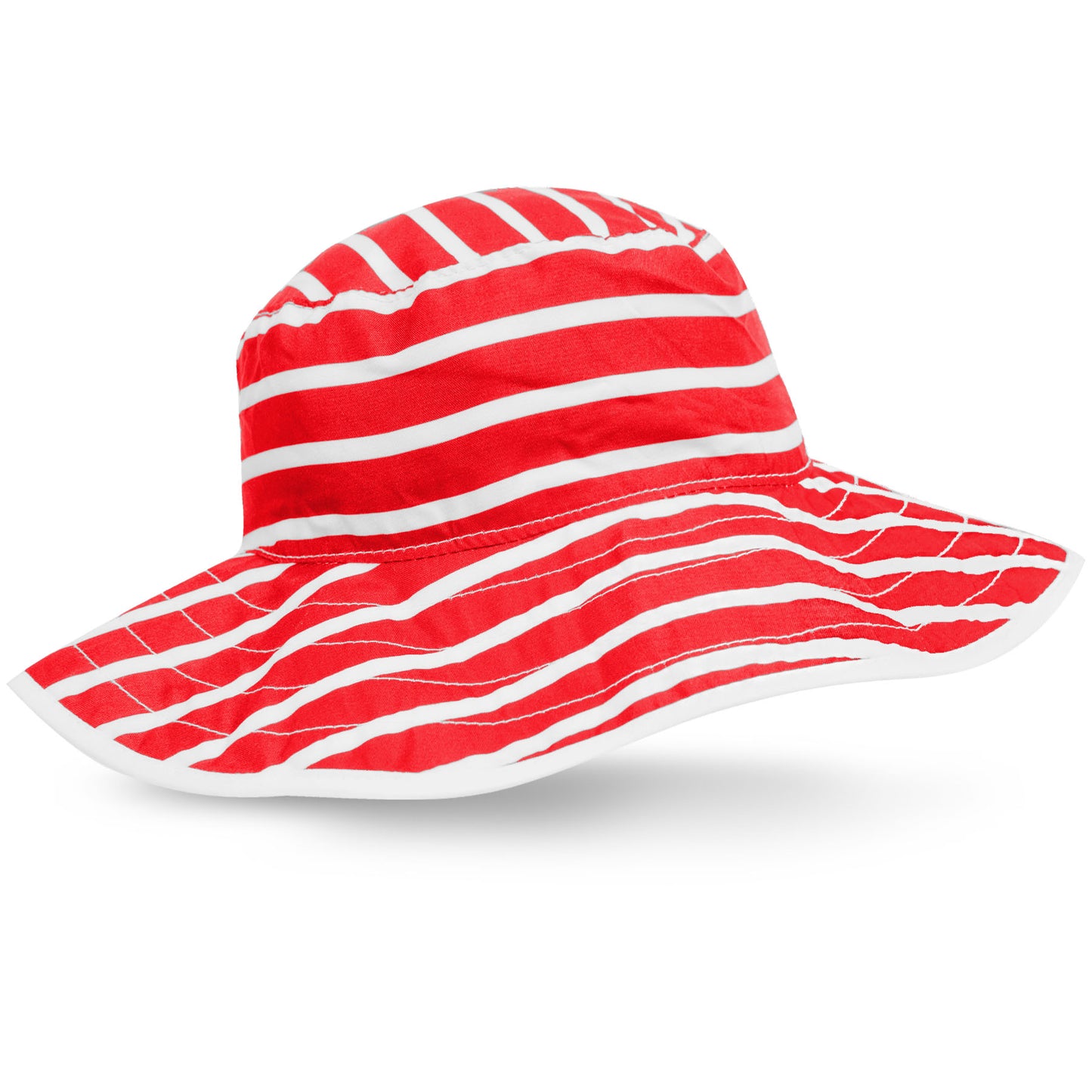 A reversible baby sun hat with blue and white stripes on one side and a solid white color on the other, featuring a hook and loop closure.