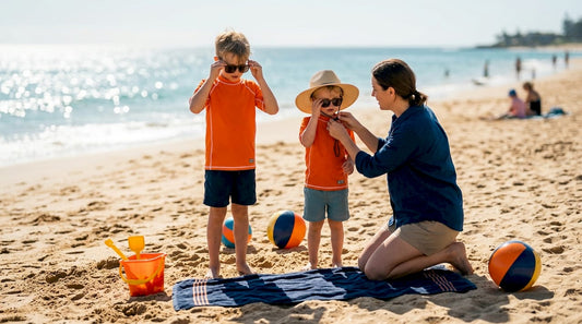 Kids wear sun shirts and hats in park