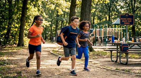 Children wearing protective eyewear outdoors at recess