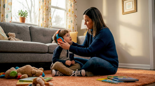 Parent helps child fit earmuffs at home