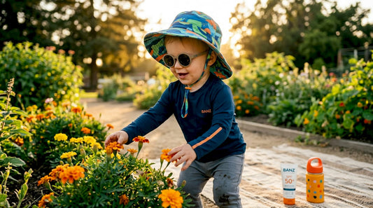 Toddler outdoors with sun protection layers