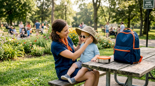 Mother fitting toddler with sun hat and sunglasses outdoors