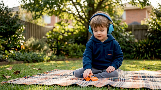 Child wearing blue earmuffs playing calmly outdoors