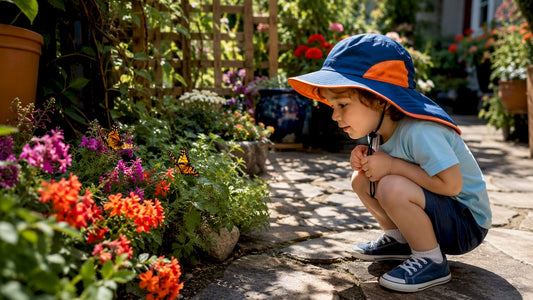 Child outdoors wearing wide-brim sun hat