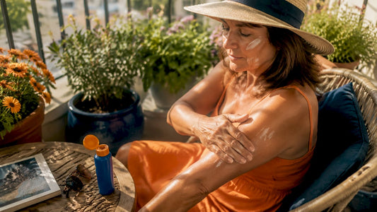 Woman applying sunscreen outdoors on patio