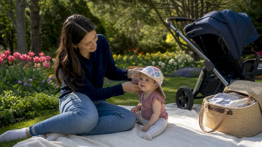 Mother putting sun hat on baby outdoors