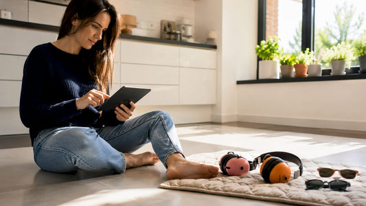 Mother browsing children safety gear catalog at home