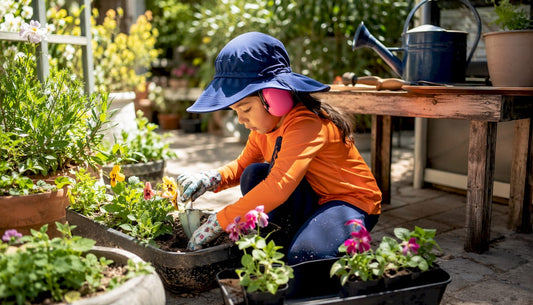 Child gardening with sun and hearing protection gear