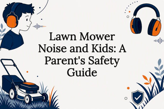 Decorative title card illustration featuring child safety and lawn mower elements