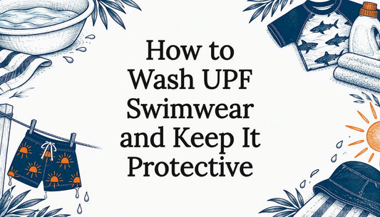 Swimwear care sketches frame the title