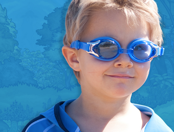 young child in banz blue swimgoggles over a drawing of forest