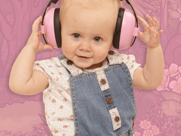 Baby wearing BANZ hearing protection earmuffs