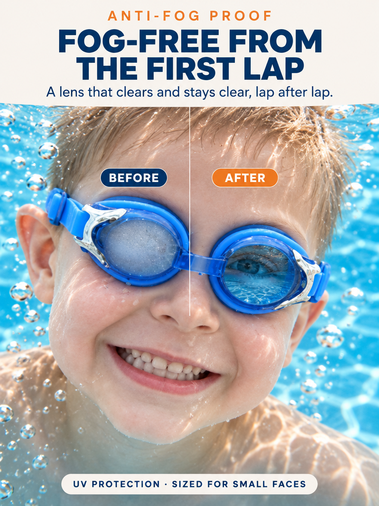 Kid wearing BANZ blue anti-fog UV swim goggles underwater, showing a fogged lens before and a clear lens after