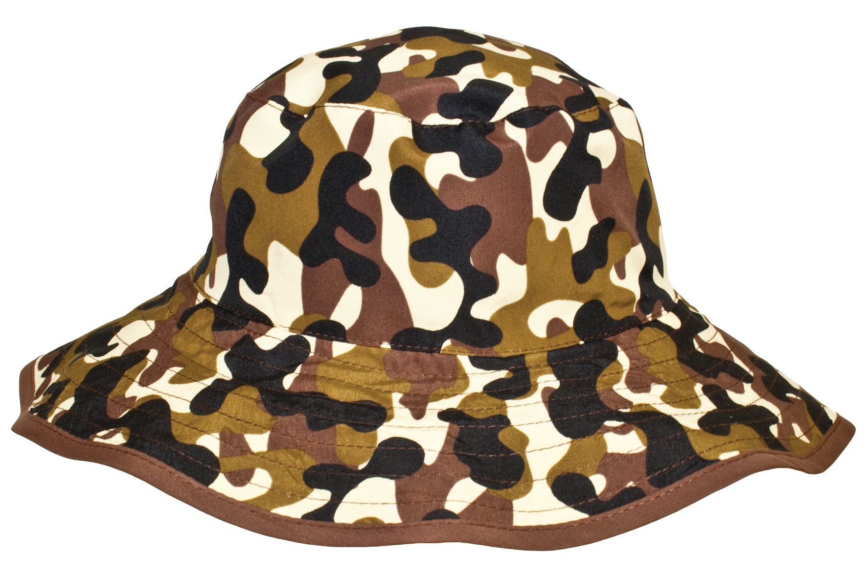 Camouflage-patterned bucket hat on a white background
