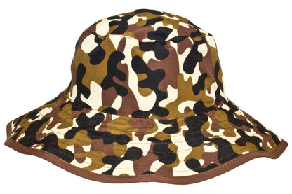 Camouflage-patterned bucket hat on a white background