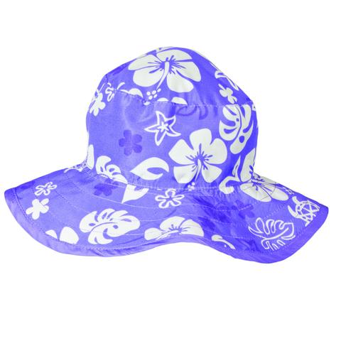 Purple sun hat with white floral patterns on a white background