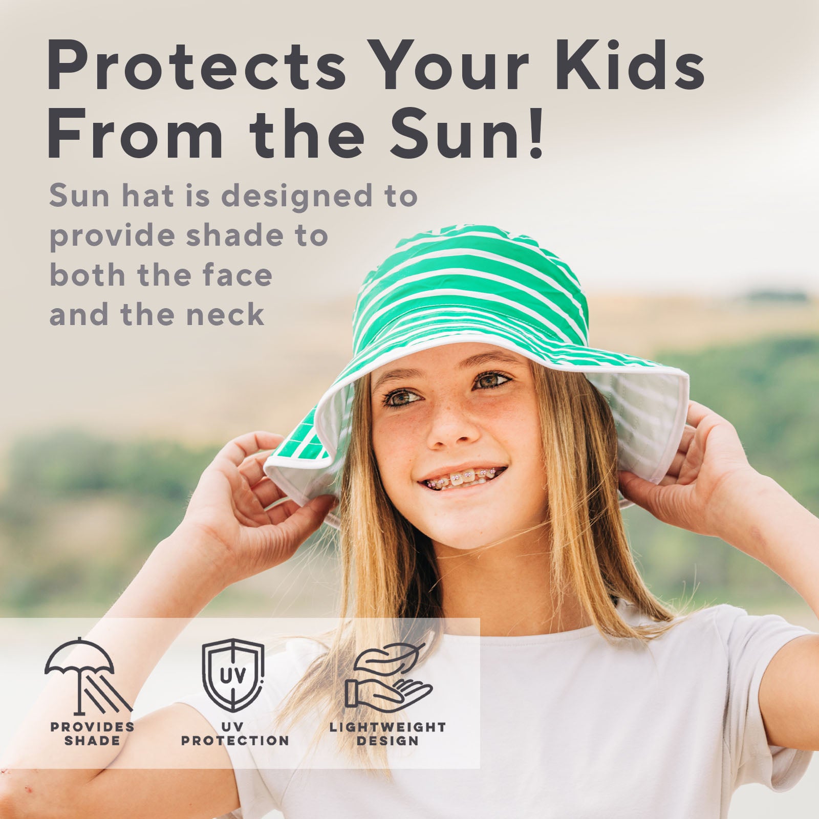 Child wearing a green and white sun hat with text about sun protection.