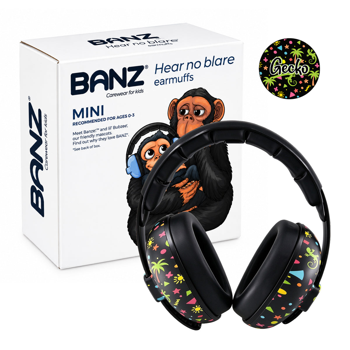 BANZ Mini baby earmuffs in Gecko print with retail box