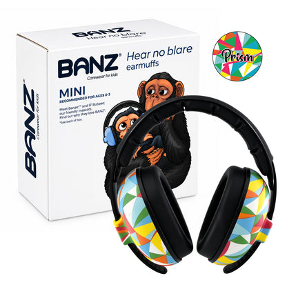 BANZ Mini baby earmuffs in Prism Flare print with retail box