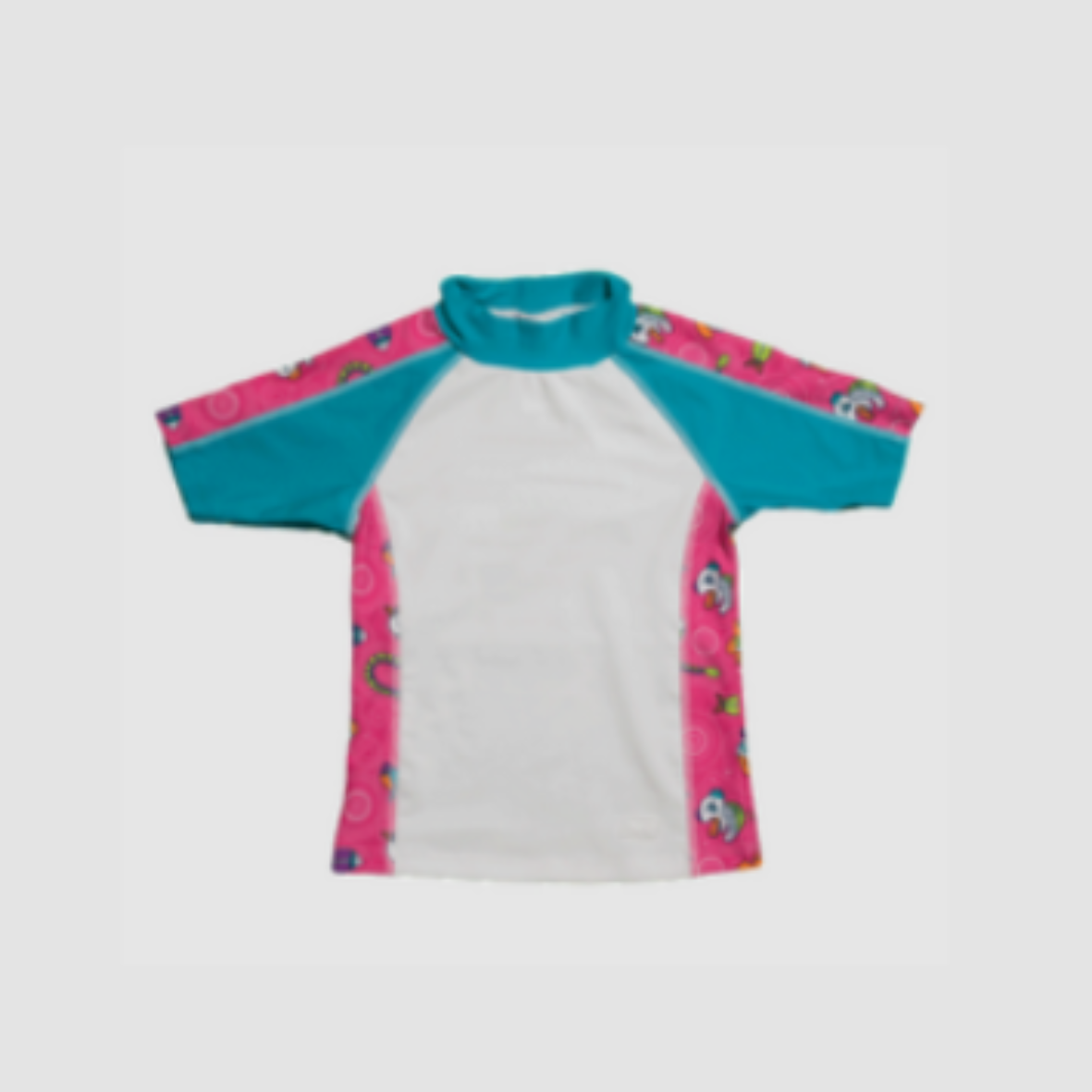 Children's short-sleeve shirt with teal and pink design on a white background