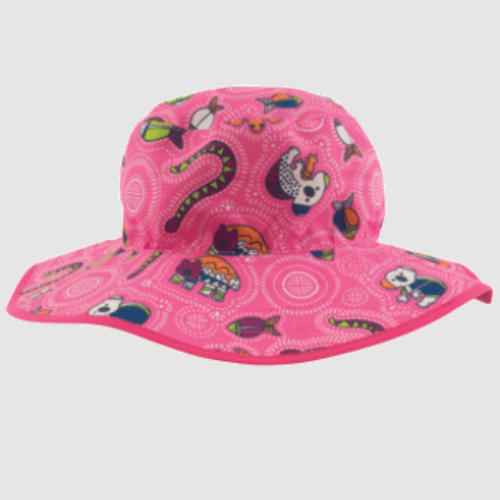 Pink children's sun hat with animal patterns on a light gray background