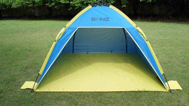 BANZ Global Umbrella Shelta Sun Shelter UV Tent - head on view set up on grass