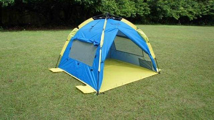 BANZ Global Umbrella Shelta Sun Shelter UV Tent - set up on grass with front flap and window flaps all open