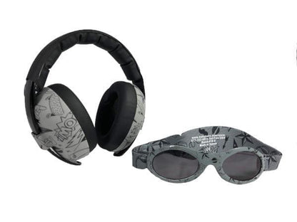 BANZ Hearing Protection Baby Earmuffs & Sunglasses Combo Set Grey Doodle