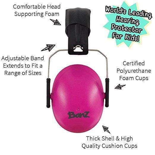 an image calling out features of the banz kids earmuffs "world's leading hearing protector for kids" comfortable head supporting foam on band, adjustable band extends to fit a range of sizes on the arms, certified polyurethans foam cups on side and thick shell and high quality cushion cups on cups