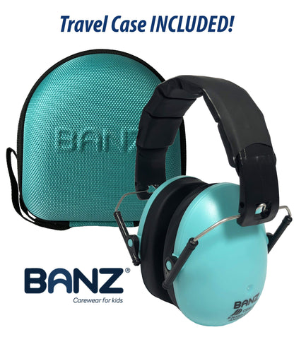 BANZ Hearing Protection Kids Earmuffs with ZeeCase Lagoon call out on image says travel case included