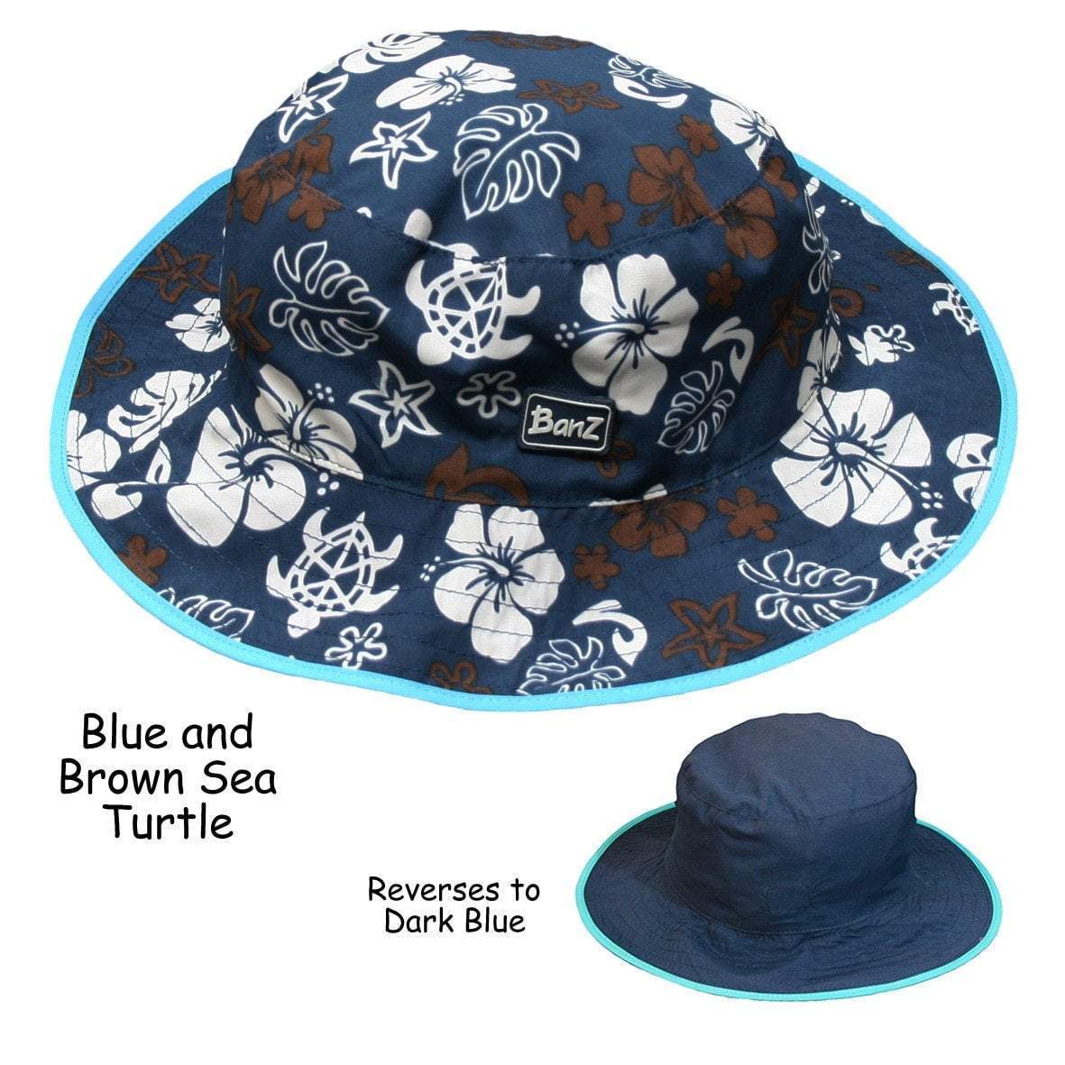 BANZ Sun Hat Baby Reversible Sun Hats (Retiring) Baby 0-24 mo / Blue/Brown Sea Turtle shows printed side and text to call out reverses to dark blue and shows dark blue reverse