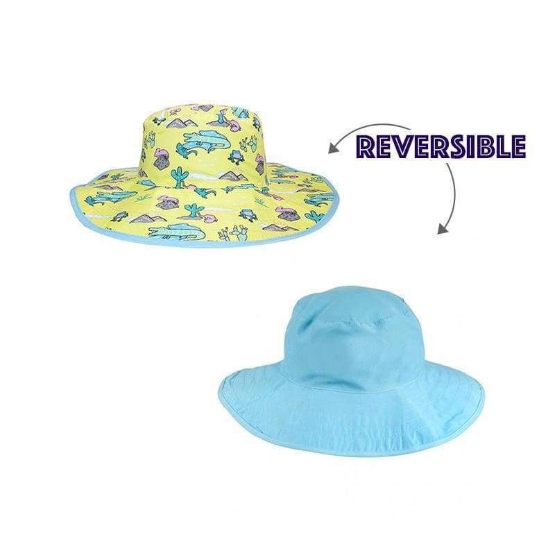 BANZ Sun Hat Baby Sun Hats - Reversible Kawaii Designs - desert design with call out of reversible and shows printed side as well as solid light blue side