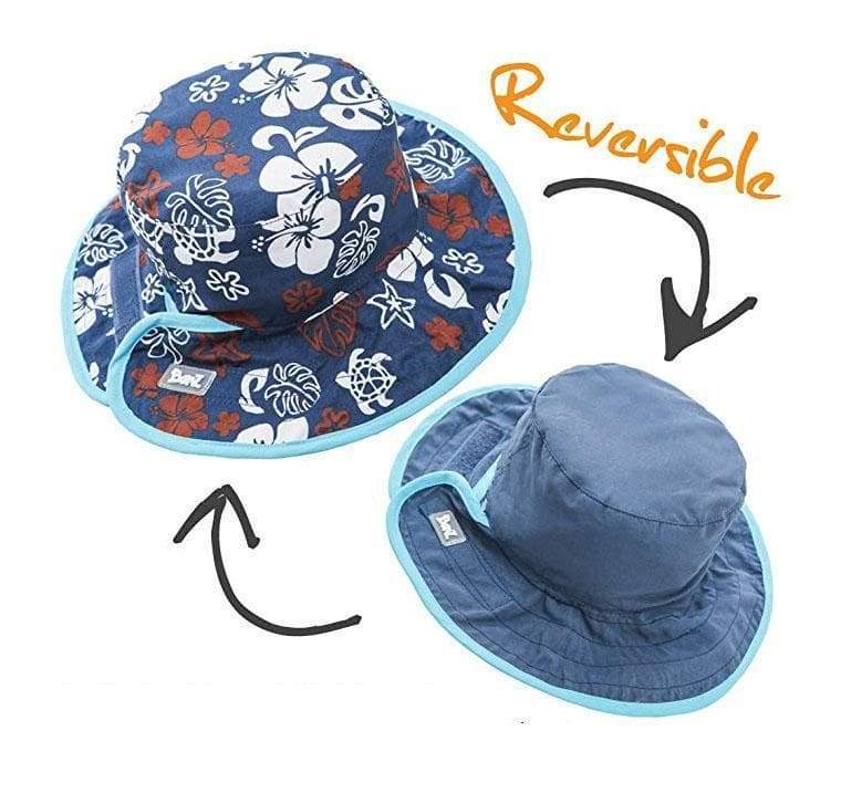 Dark blue and brown reversible bucket hat shows solid and printed side and calls our "reversible"